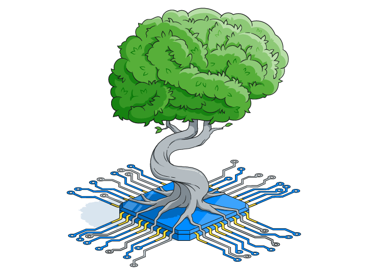 Illustration of a bonsai tree growing out of a computer chip
