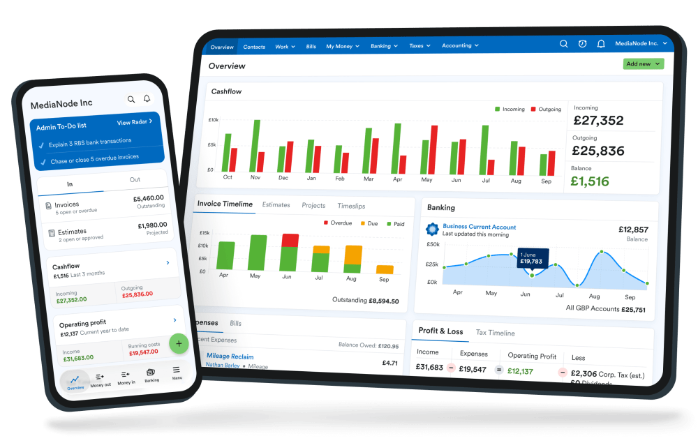 A phone and a laptop showing screens from the FreeAgent app