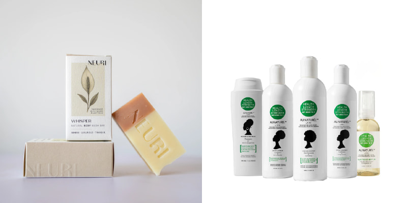 A soap bar and a set of haircare products