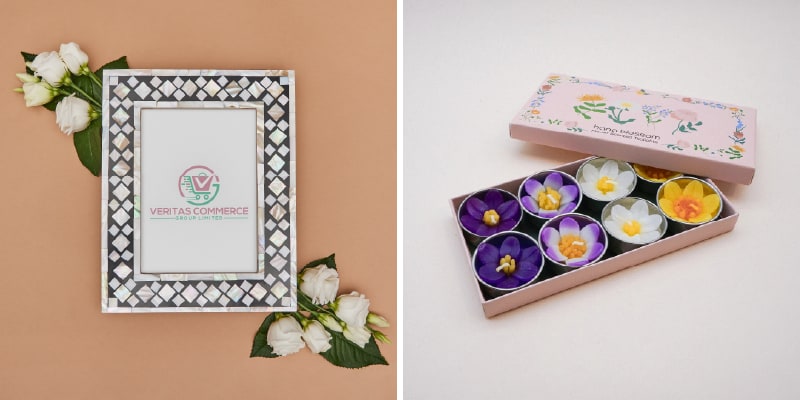 A pretty photo frame and a set of flower tealights