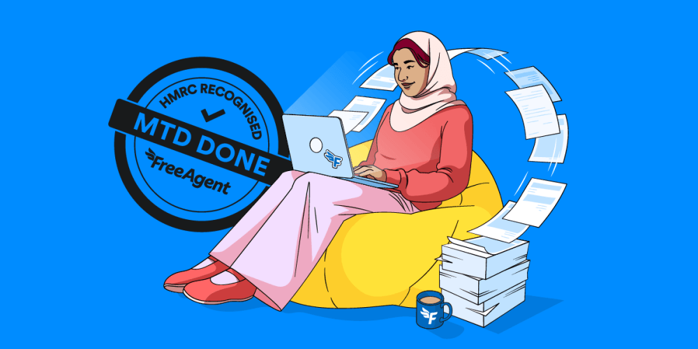 A woman sits on a beanbag, working on her computer as a stack of papers flies into the screen of her computer.