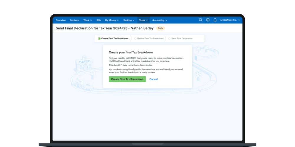 A still image showing the introduction screen where FreeAgent customers will create their final declaration for MTD for Income Tax.