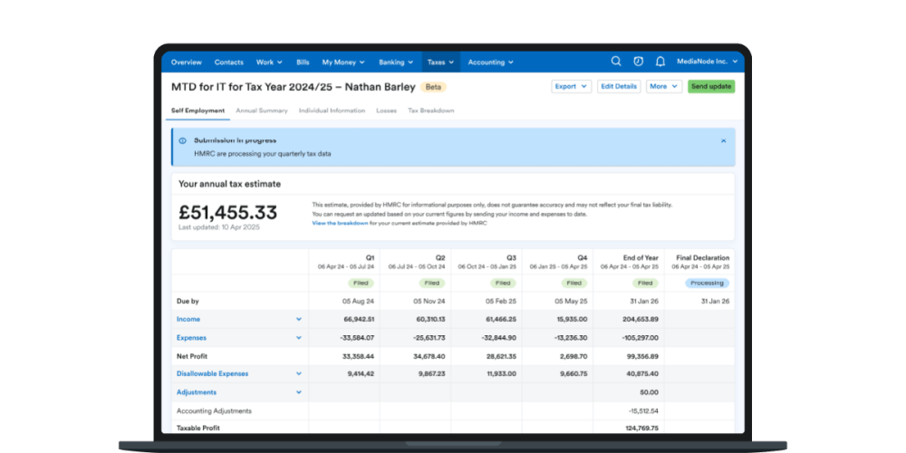 A static image showing an example of the FreeAgent page from where quarterly updates are submitted to HMRC.