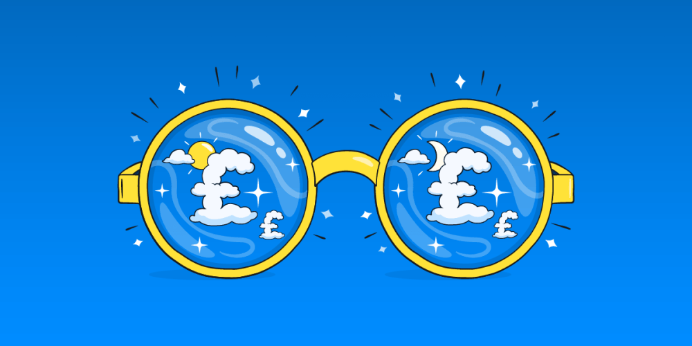 A pair of yellow glasses with clouds shaped like pound signs visible through the lenses.