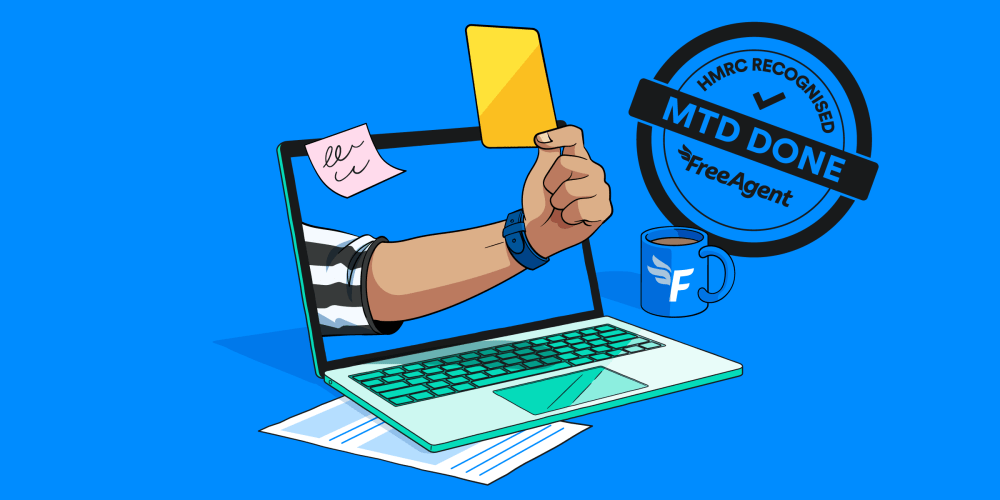 A referee’s hand reaches out from a laptop screen holding a yellow penalty card. A coffee mug with the FreeAgent logo sits next to the laptop, and the FreeAgent MTD Done stamp is beside it.