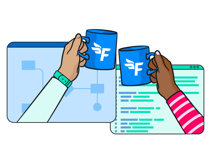 Illustration of two raised arms holding FreeAgent mugs in a cheers pose