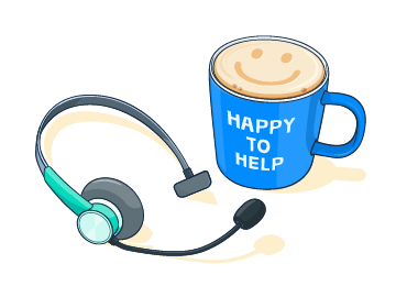 A mug of coffee with a smiling face in the foam next to a set of head phones with an attached microphone 