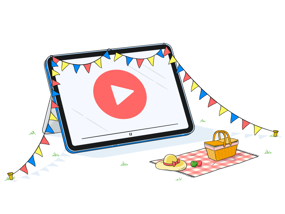 Illustration of an outdoor picnic with a tablet playing a video, surrounded by a picnic basket and party flags.