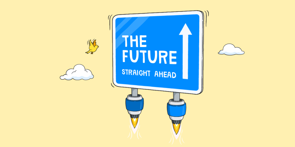 floating street sign pointing to "the future" straight ahead