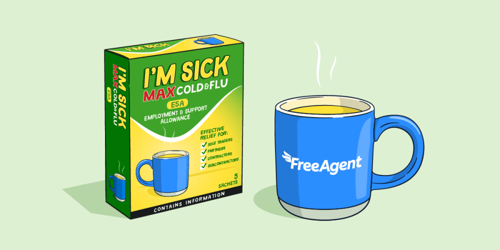 Box of "I'm sick" cold and flu sachets providing effective relief for "sole traders, partners, contractors and subcontractors" next to a steaming mug.