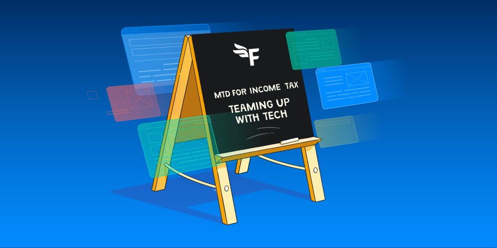 Illustration of a blackboard with the words 'MTD for Income Tax: teaming up with tech'