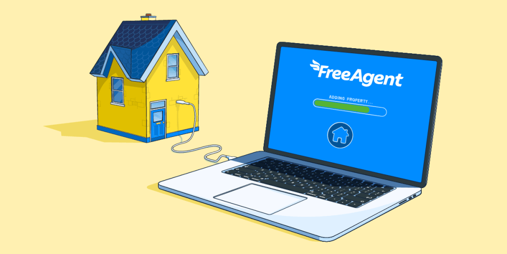 Illustration of a house plugged into a laptop running FreeAgent accounting software.