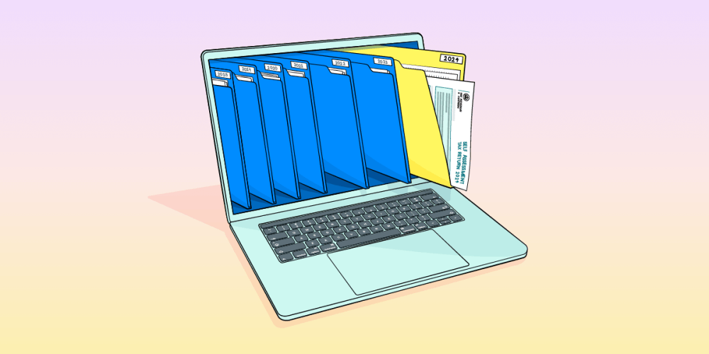 A laptop with paper files on the screen