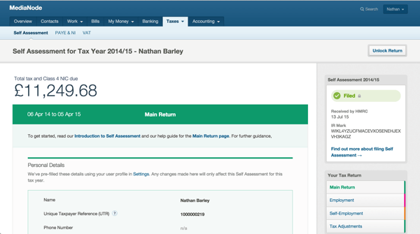 2014/15 Self Assessment return filed