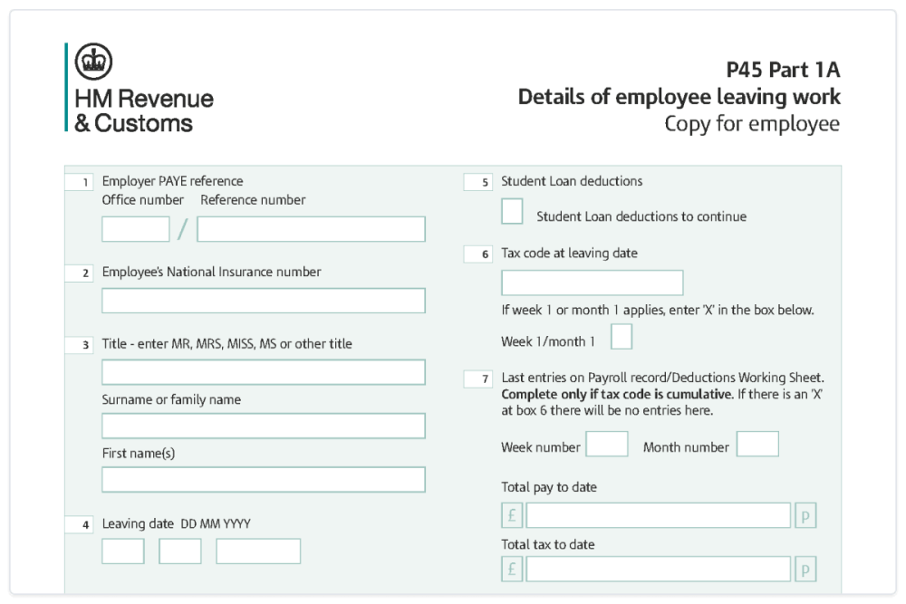 Part 1A of a P45 form, asking for details of the employee leaving work including National Insurance number, Tax Code and leaving date.