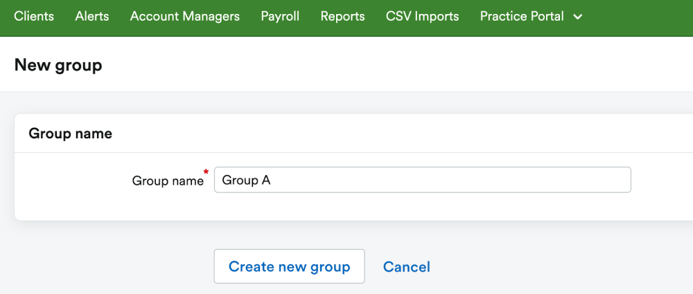 Screenshot of the 'New group' screen in the Practice Dashboard, showing a 'Group name' field and a 'Create new group' button.