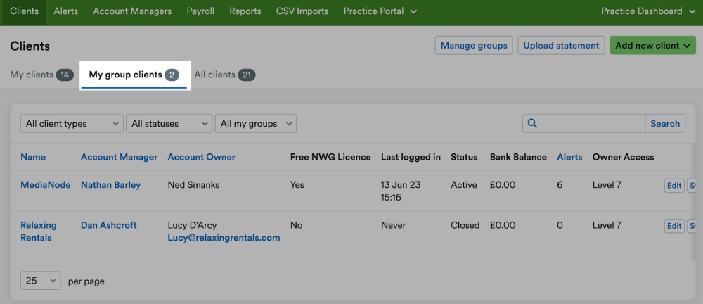 Screenshot of the Clients area of the Practice Dashboard, with the 'My group clients' tab highlighted.