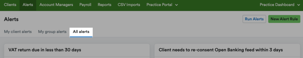 Screenshot of the Alerts area of the Practice Dashboard, with the 'All alerts' tab highlighted.