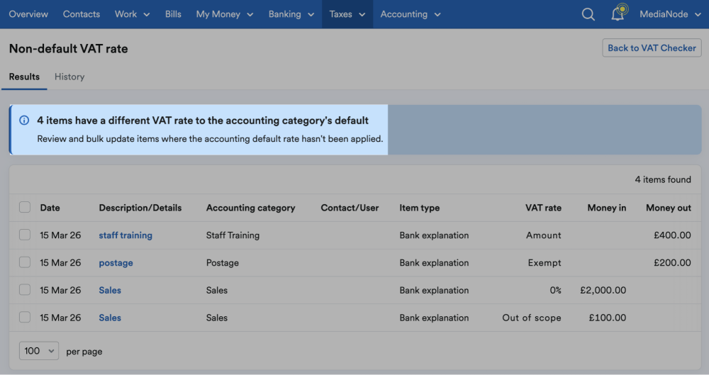 A screenshot of the new VAT checker showing that 4 items have a different VAT rate to the accounting category's default and reminding that the user can review and bulk-update items when the rate is different from the accounting category's default.
