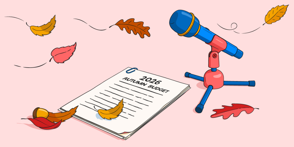 A microphone sits beside a document that says "2026 Autumn Budget".