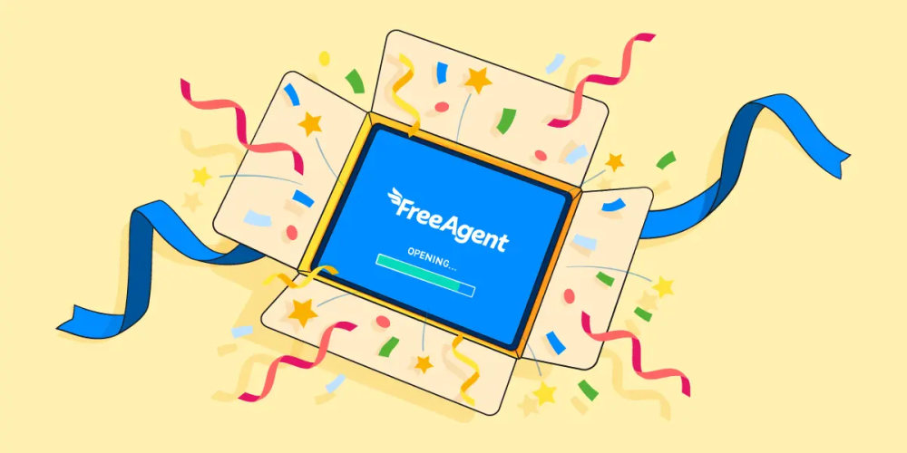 A gift box opening to reveal FreeAgent loading up.