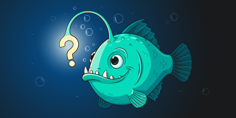 A curious angler fish swimming deep in the ocean is focusing on an illuminated question mark ahead of it.
