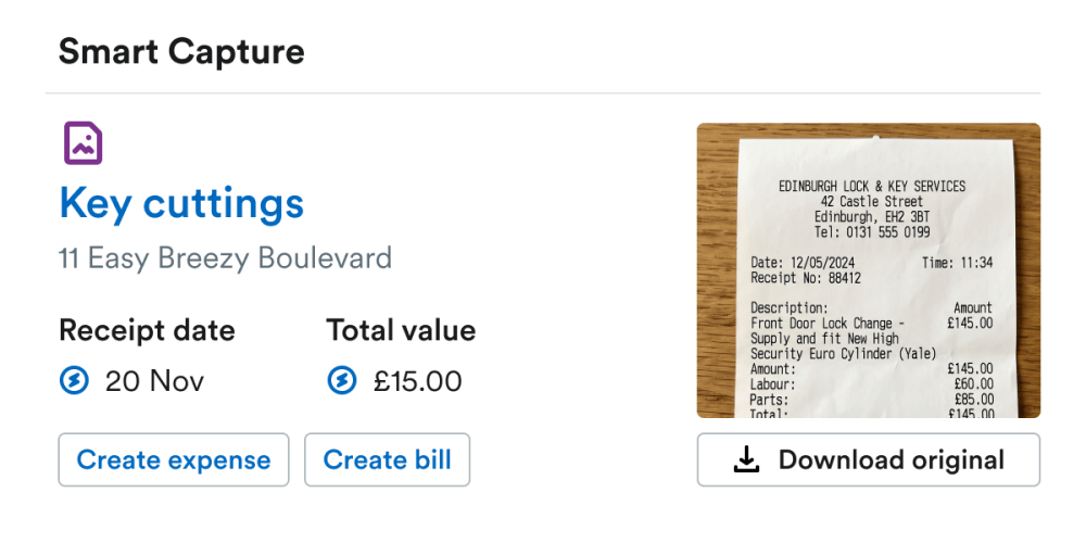 UI showing a smart capture expense for a property