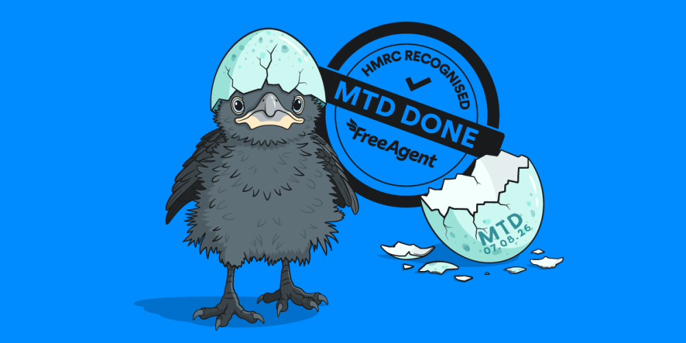 A newly-hatched crow chick is ready to tackle MTD quarterly updates after cracking its way out of an egg, with "MTD 07.08.26" written on the empty shell