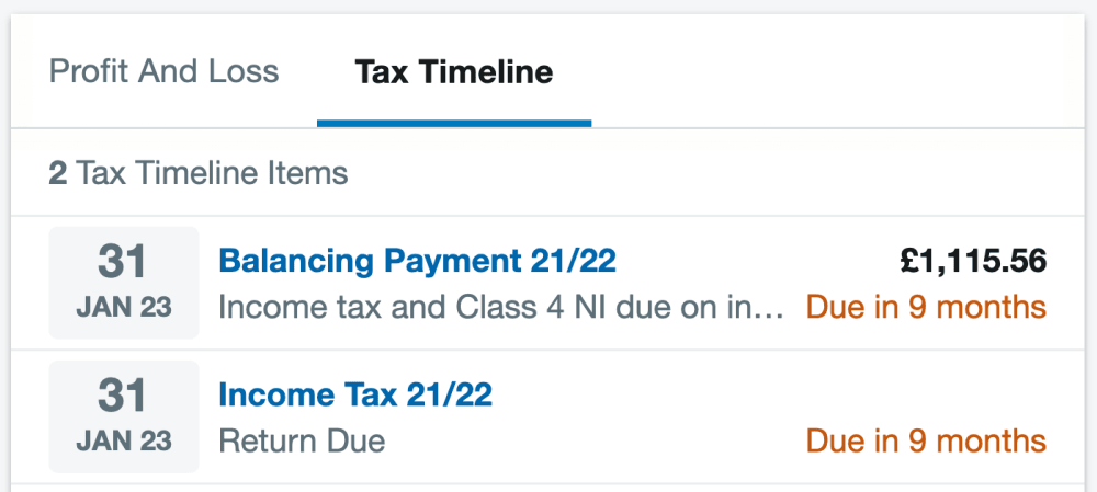 Screenshot of the Tax Timeline feature in FreeAgent