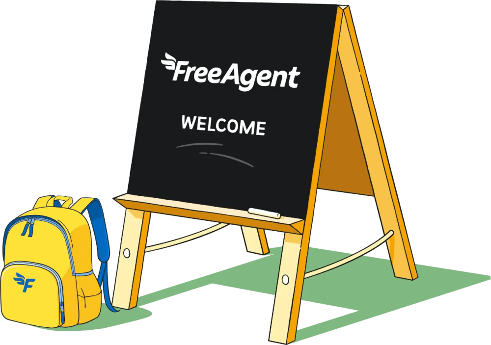 Illustration of a yellow school backpack sitting next to a blackboard on an easel that has the FreeAgent logo and 'Welcome' written underneath.