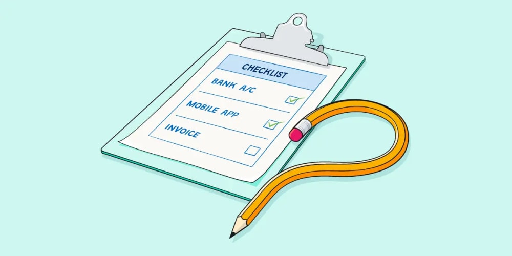 An illustration of a checklist attached to a clipboard with a pencil in the shape of a question mark lying next to it.