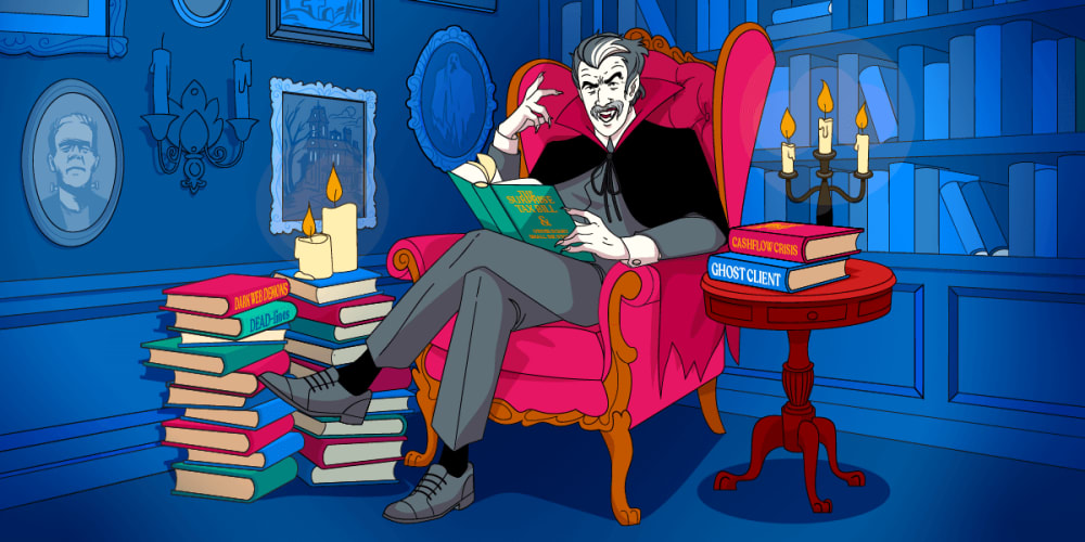 A vampire sits in a high-backed chair in a darkened study lit by candles, reading from books called The Surprise Tax Bill and other scary small biz stories, Cashflow Crisis, Ghost Client, DEAD-lines and Dark Web Demons.