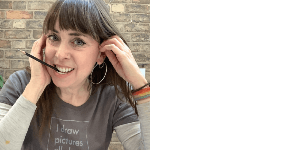 Head and shoulders photo of Sarah Coleman, artist, illustrator and designer at Inkymole, with a pencil between her teeth.