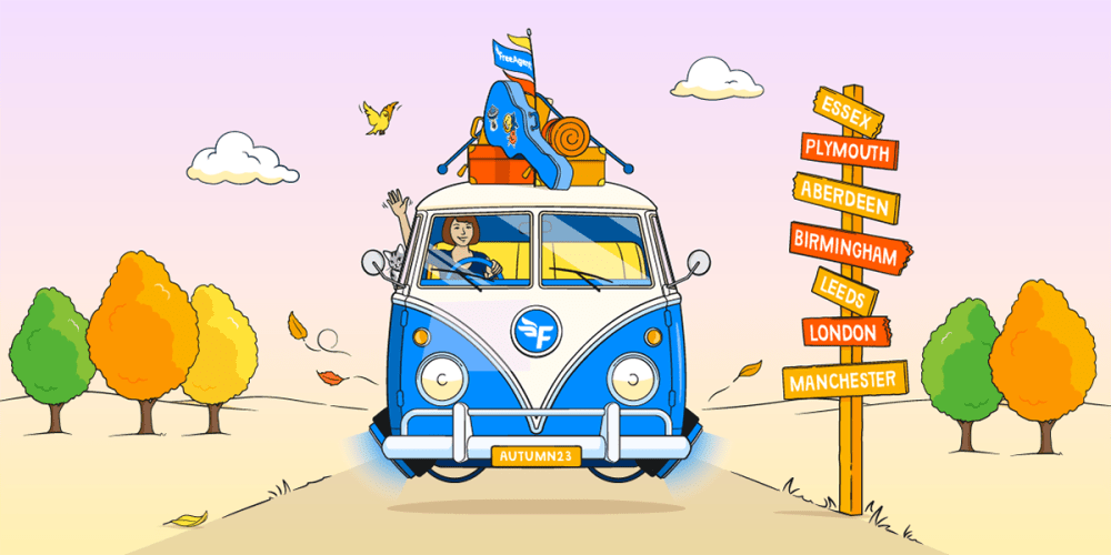 Illustration of a blue and white VW bus with yellow interior driving on a dirt road towards us, passing a sign post with all the locations of the roadshow on the wooden panels.