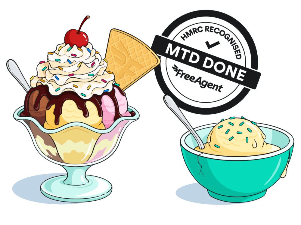 Graphic of an ice cream sundae with cherry on top placed next to a bowl of ice cream with a cracked bowl.