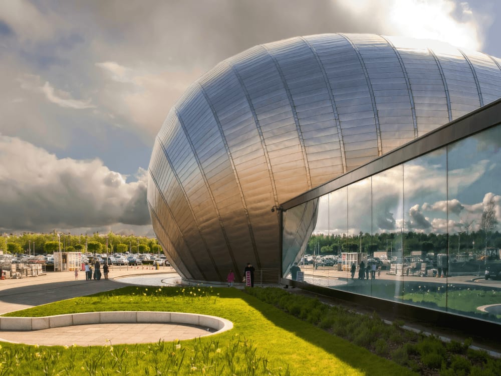 Exterior photograph of Glasgow Science Centre 