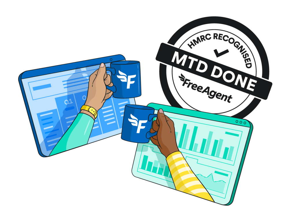 Two people clinking mugs in front of a laptop and a MTD Done stamp at the side