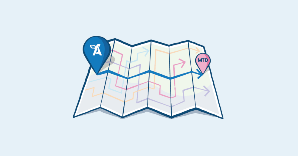 Illustration depicting a map with both FreeAgent and MTD marked out with a path between them.