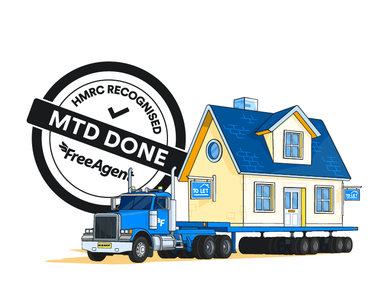 A house sitting on the back of a FreeAgent truck and a MTD Done stamp at the side