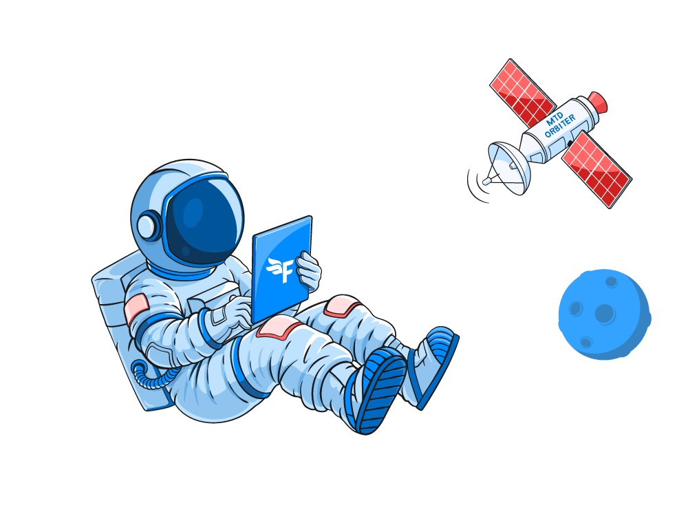 An astronaut in space looking at a laptop