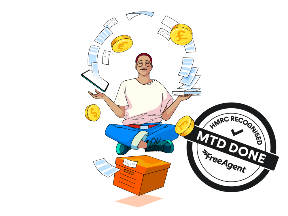 A person meditating, floating over a box of receipts and a MTD Done stamp at the side