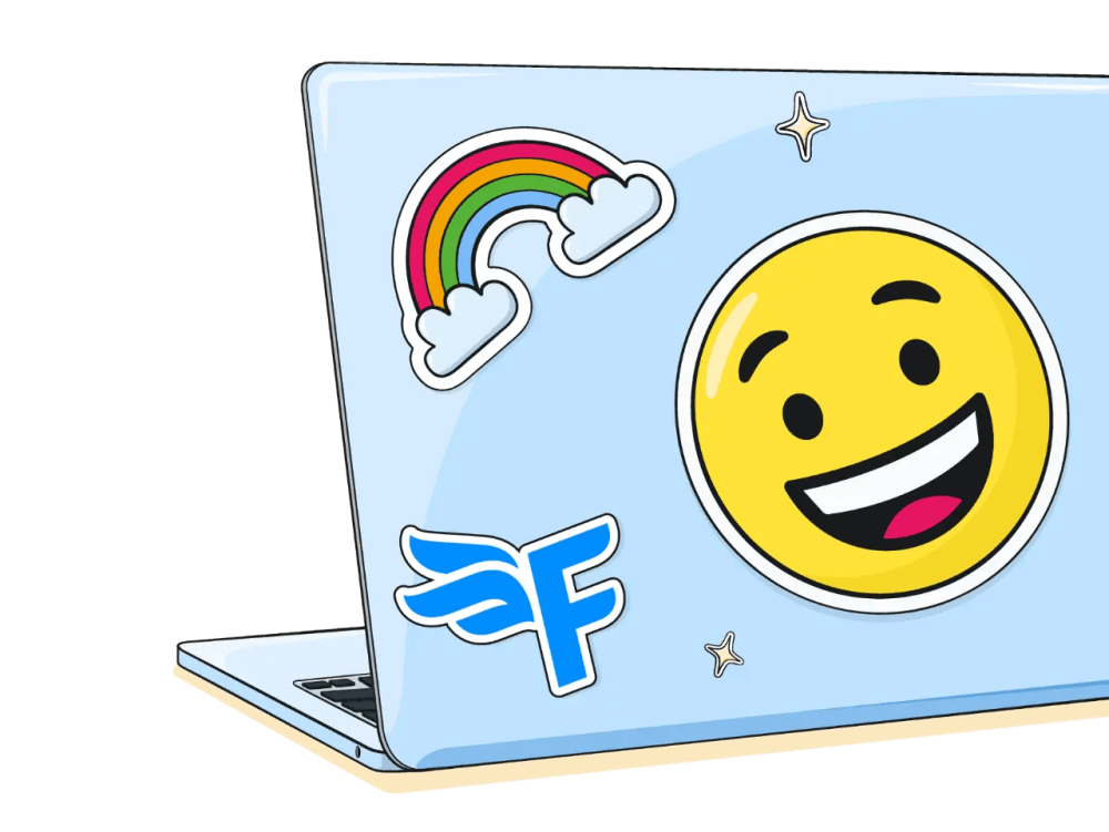 Illustration of laptop lid with stickers of a rainbow, the FreeAgent mark, and a smiling emoji.