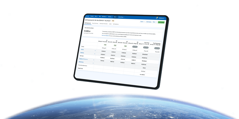 A tablet floating above the Earth, displaying a Self Assessment summary in the FreeAgent app.