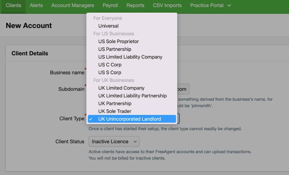 Screenshot of 'UK Unincorporated Landlord' client type