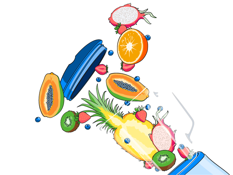 Illustration of fruit flying from the top of an open blender.