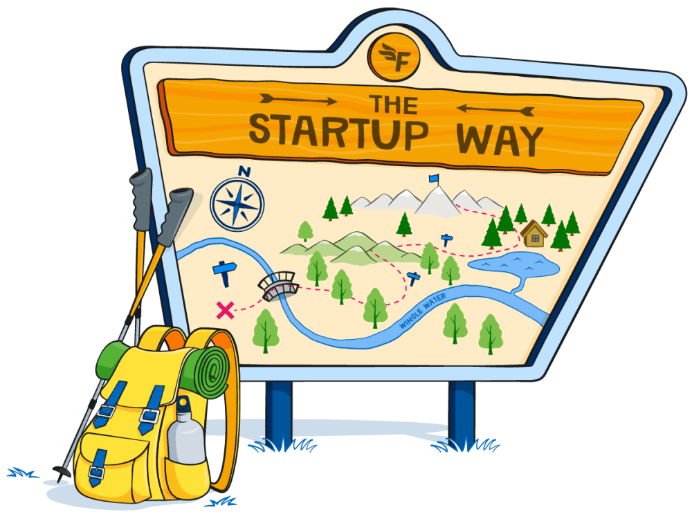 An illustration of a forest trail with 'The Startup Way' written across the top on a wooden block, with a map underneath.