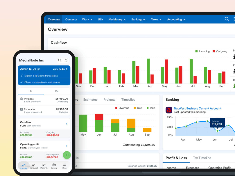 Laptop devive showing the freeagent desktop UI, in front of which sits a mobile phone showing the mobile app.