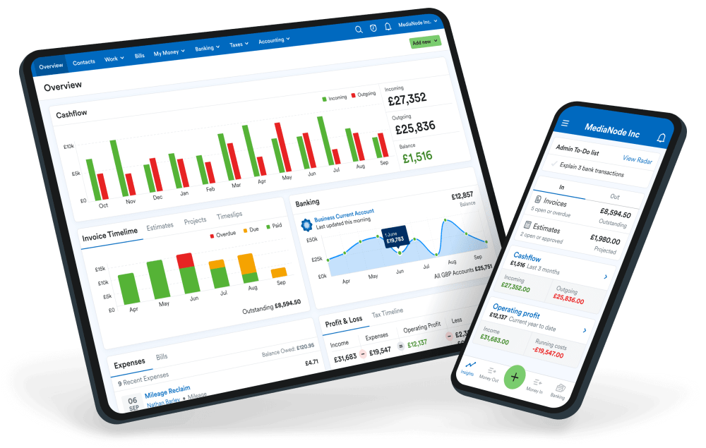 A tablet and phone both showing the FreeAgent overview screen.