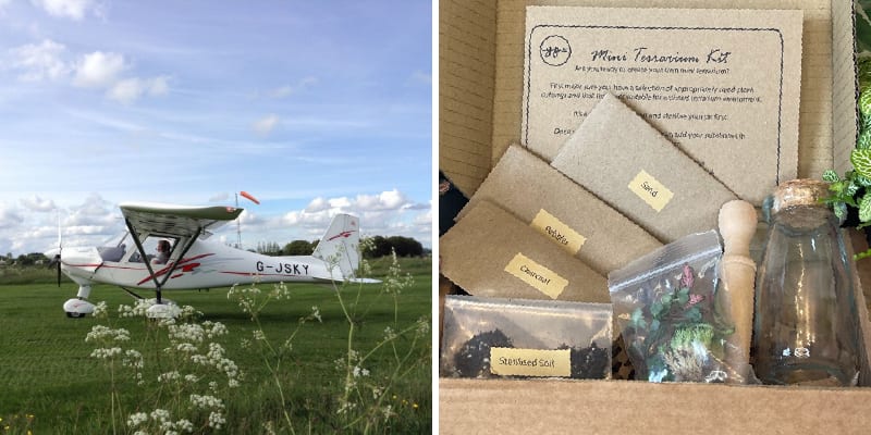 A small plane in flight and a terrarium kit