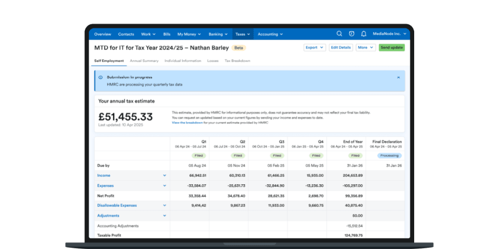A static image showing an example of the FreeAgent page from where quarterly updates are submitted to HMRC.